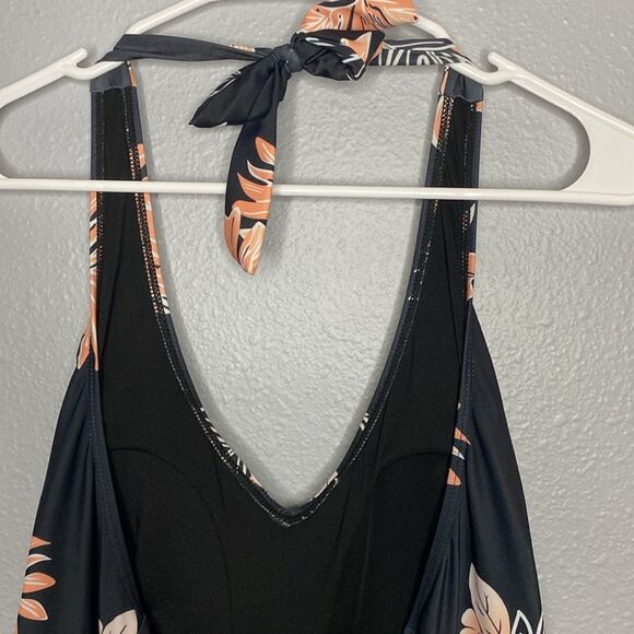 Black and Pink Hawaiian Floral Halter Tankini One Piece Swim Suit Size XL - Picture 7 of 10